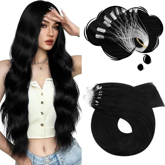 Micro Link Hair Extensions Human Hair Straight 24 Inch BLACK Volume - Picture 1 of 9